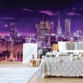 Skyline Mural, Vibrant , Nighttime cityscape, Whimsical artwork HD wallpaper