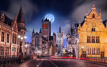 Ghent city night, Flanders Belgium, Full moon HD wallpaper