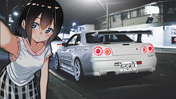 GTR R34 JDM Anime Girls Selfies Car In Vehicle Anime Blue Eyes Brunette White Cars S - Resolution:, Anime Drift HD wallpaper