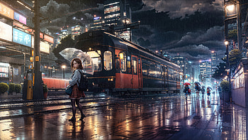 Rainy Day Anime Girl Looking Back , anime-girl, anime, umbrella, rain, tram, artist, artwork, digital-art, artstation HD wallpaper