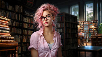 A Pink Haired Girl With Glasses In The Library, ai-girls, ai, pink, hairs, artist, artwork, digital-art, deviantart HD wallpaper