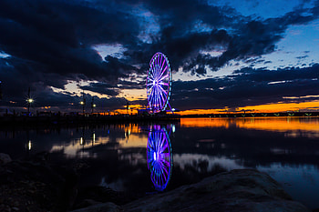 Cities, Clouds, Usa, Night City, United States, Ferris Wheel, Washington, Harbor HD wallpaper