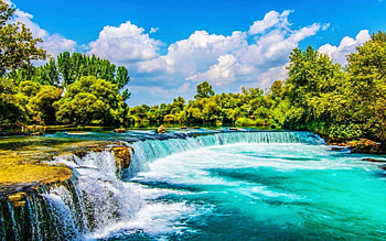 Manavgat Waterfall, Turkey, sky, river, landscape, cascades, trees, clouds HD wallpaper