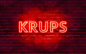 Krups red logo, , red brickwall, Krups logo, brands, Krups neon logo, Krups HD wallpaper