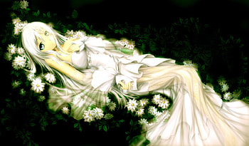 ~Enchanting Spring Empress~, empress, gorgeous, girl, spring, lush leaves, enchanting, daisies, white dress, anime, flowers, princess, pure HD wallpaper