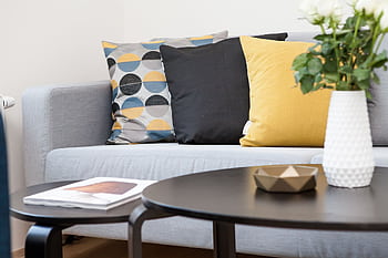 Contemporary living room interior featuring a stylish sofa, decorative pillows, and a vase of flowers. HD wallpaper
