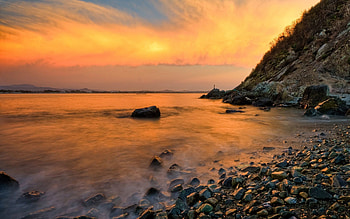 Nature, Sunset, Stones, Sky, Shore, Bank, Fog, Calm HD wallpaper