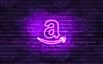 Amazon violet logo, , violet brickwall, Amazon logo, brands, Amazon neon logo, Amazon HD wallpaper