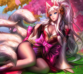 Sooyin Aeryia, white, frumusete, ahri, girl, fox, pink, fantasy, green, luminos, michellehoefener, nine tails HD wallpaper