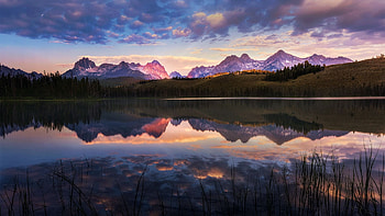 First light in the Sawtooths, Idaho, clouds, sky, water, mountains, reflections, usa, lake HD wallpaper