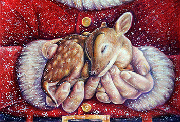 Santa With Baby Deer, winter, deer, animals, drawing, cristmas, santa HD wallpaper