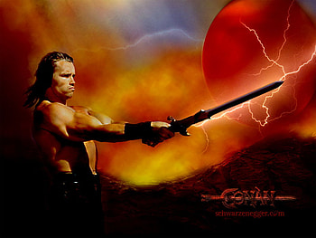conan, sword, lighting, muscles, arnold schwarzenegger HD wallpaper