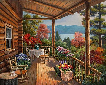 Log Cabin by the Lake, chairs, season, sitting, painting, fence, trees, veranda, mountains, table, sea, window, art, house, rocking chair, tree, lake, cabin, summer, porch, flowers, cottage, evening HD wallpaper