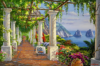 Sea view, spring, nice, painting, arch, greenery, water, sea, art, beautiful, rocks, lake, summer, pretty, view, nature, flowers, lovely HD wallpaper