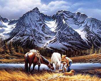 Mountain View, river, art, people, mountain, vieuw, horses, painting, animals, snow, nature HD wallpaper