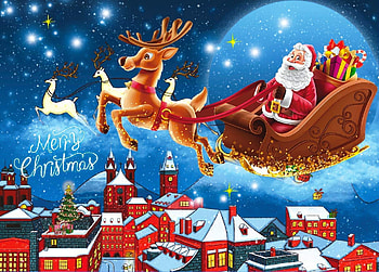 Santa's coming, art, smile, eve, stars, houses, roof, holiday, presents, Santa, reindeers, christmas, sky, village, winter, night, come, merry christmas, sleigh HD wallpaper