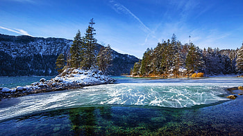 Lake Eibsee, Bavaria, ice, snow, island, hills, landscape, trees HD wallpaper