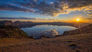 Crater Lake Sunset, landscape, USA, clouds, sky, sun, rocks, Oregon HD wallpaper