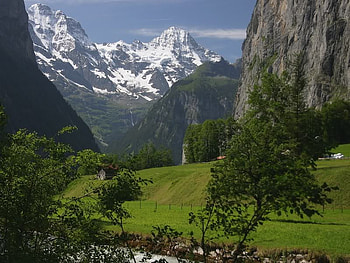 Valley, grass, sky, mountains, snow HD wallpaper