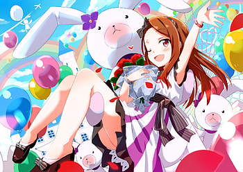 It's All About Me!!!, bunnies, bouquet, idolmaster, balloons, anime, wink, brown hair, castle, minase iori HD wallpaper