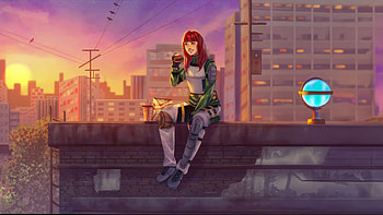 Girl Eating Burger Looking At The City View, artist, artwork, art, digital-art, city HD wallpaper