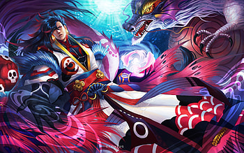 Onmyouji, blue, man, crovius, pink, fantasy, red, dragon, luminos HD wallpaper