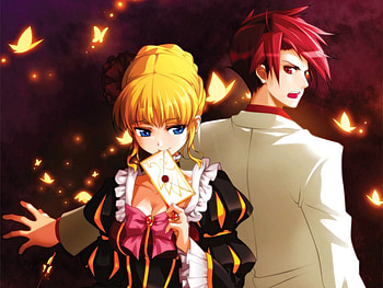 Beatrice and Battler, blue eyes, umineko no naku koro ni, ushiromiya battler, red eyes, red hair, witch, letter, anime, butterfly, beatrice, short hair, blonde hair HD wallpaper
