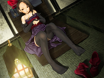 After A long Night, sexy, japanese, black, thigh highs, hot, cute, beautiful, beauty, anime girl, purple, red HD wallpaper