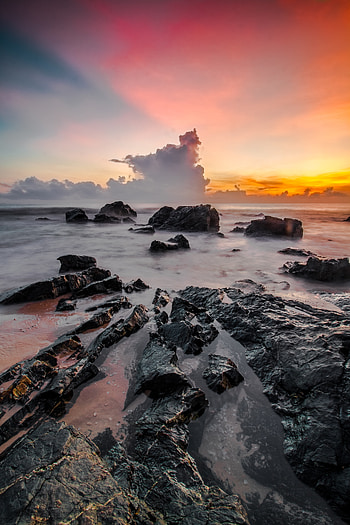 Water flow, coast, nature, sunset, clouds, rocks HD phone wallpaper