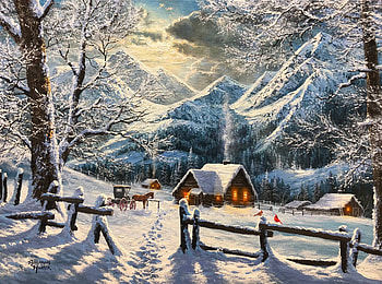 Snowy Morning, log cabins, winter, horse, birds, sunlight, artwork, coach, painting, snow, fence, clouds, sky, mountains, cardinals HD wallpaper