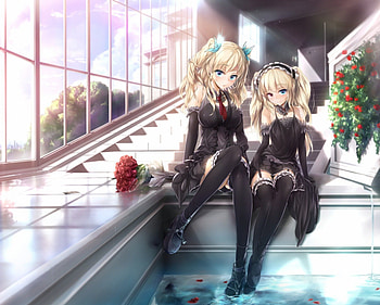 Girls in Black, bouquet, blond hair, blonde, cute, floral, long hair, dress, staircase, petals, flower, blonde hair, water, female, sexy, blond, house, hot, girl, anime girl, anime, stair, gown, home HD wallpaper