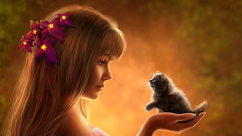 Girl Holding Small Cat In Hand Artwork, artist, cat, artwork, digital-art, deviantart, fantasy HD wallpaper