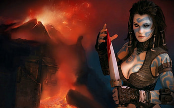 By Sword Point, sword, fantasy, tattoo, fire, warrior, female HD wallpaper