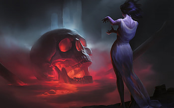 Spell, sorceress, art, skull, girl, witch, fantasy, red, luminos HD wallpaper