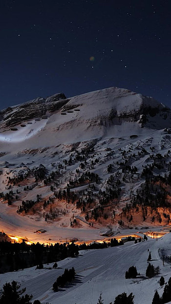 light, village, earth, winter, snow, star, sky, night, landscape, nature, mountain, winter night, Snowy Mountain, night snow HD phone wallpaper