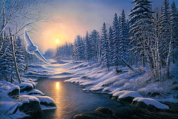 painting solstice sunset winter snow nature forest spruce birch river owl deer HD wallpaper