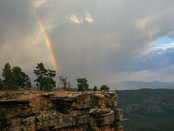 Ride the Rainbow, landscape, clouds, trees, sky, cliff, bluff HD wallpaper