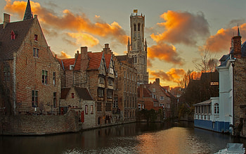 Bruges Belgium, River houses, Clouds dusk HD wallpaper