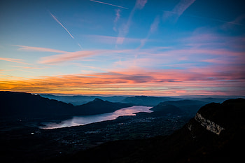 Nature, Rivers, Sunset, Sky, Mountains, Twilight, Dusk HD wallpaper