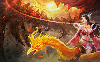 Phoenix rider, phoenix, fantasy, bird, girl, fire, orange, rider HD wallpaper
