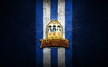 San Pablo Burgos, golden logo, ACB, blue metal background, spanish basketball team, San Pablo Burgos logo, basketball, CB San Pablo Burgos HD wallpaper
