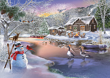 A Home by The River, cabin, ice, river, winter, birds, frozen, stag, chairs, snowman, snow, fire, cardinal, pinecones HD wallpaper