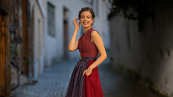 Girl In Red Dress Grins At The Camera, red-dress, girls, model, smiling HD wallpaper