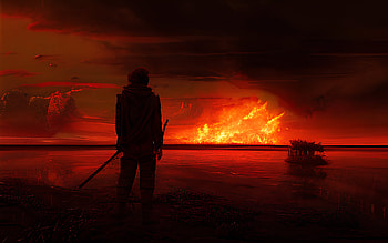 Man Watching Fire Rain /, AI Art, rain, man, fire, fantasy, landscape, fantasy landscape HD wallpaper