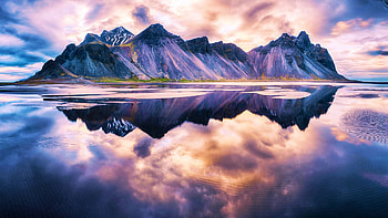 Vestrahorn Iceland in late afternoon, reflection, colors, clouds, sky, water, sunset HD wallpaper