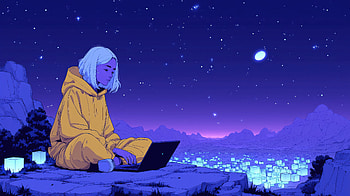 White Hair Girl Using Laptop In Mountain Hills, white, hair, anime-girl, anime, laptop, mountain, hill, artist, artwork, art, digital-art, ai HD wallpaper