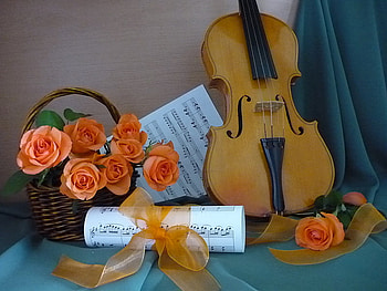 still life, notes, graphy, roses, beautiful, orange, violin, basket, music, flowers, flower bouquet HD wallpaper