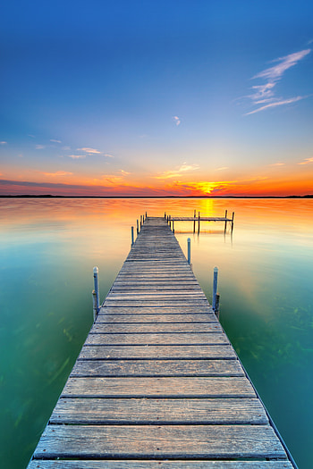 Nature, Water, Sunset, Horizon, Lake, Pier HD phone wallpaper