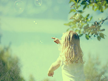 Bubble Touch, touch, clouds, trees, sky, girl, bubbles, child HD wallpaper