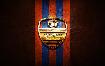 Academia Puerto Cabello FC, golden logo, La Liga FutVe, orange metal background, football, Venezuelan football club, Academia Puerto Cabello logo, soccer, Venezuelan Primera Division, Academia Puerto Cabello HD wallpaper